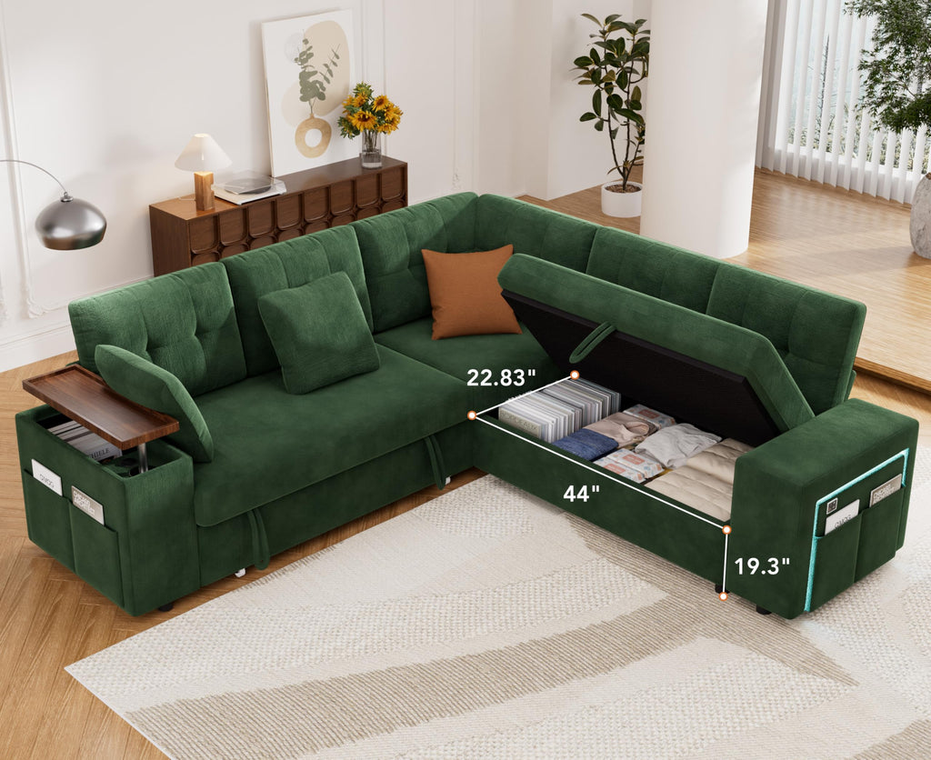 5 Seat Chenille Modular Sectional Sleeper Sofa with Pull Out Bed, L-Shaped Couch with Reclining Backrest, Lift Top