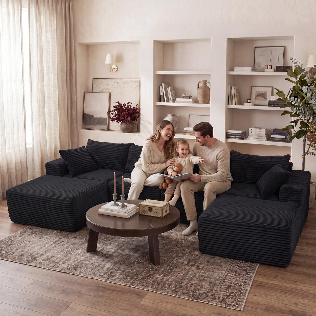 120" Boneless Couch, U-Shape Corduroy Sectional Sofa, Black