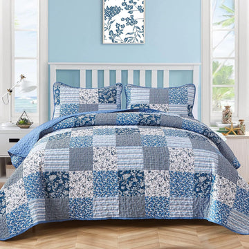 Boho Quilts Queen, Patchwork Floral Bedding Set, Blue - Set of 3