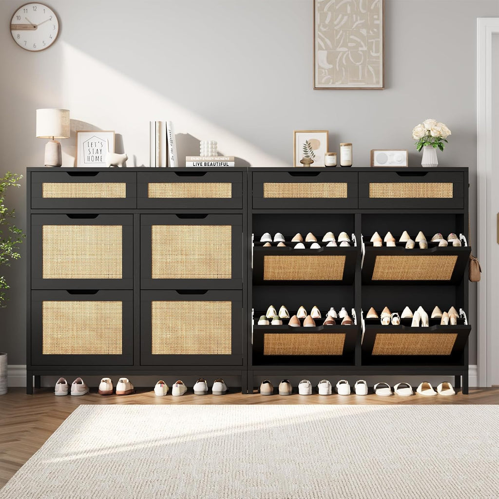 Rattan Shoe Cabinet , Boho Shoe Storage Cabinet with 4 Flip Drawers and 2 Drawers, Narrow Freestanding Shoe Rack with