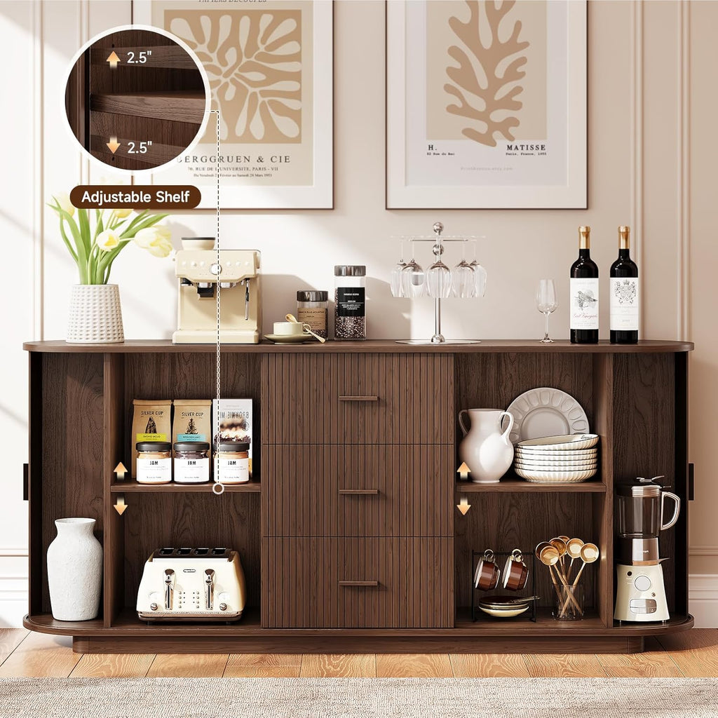 63" Fluted Sideboard Buffet Cabinet with 3 Drawers & 2 Doors, Mid-Century Modern Buffet Sideboard Cabinet with Storage