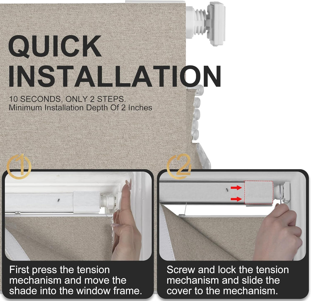 No Tool No Drill Blackout Roman Shades for Windows,Linen Roman Blinds,Room Darkening Shades, Pull Down Window Shades