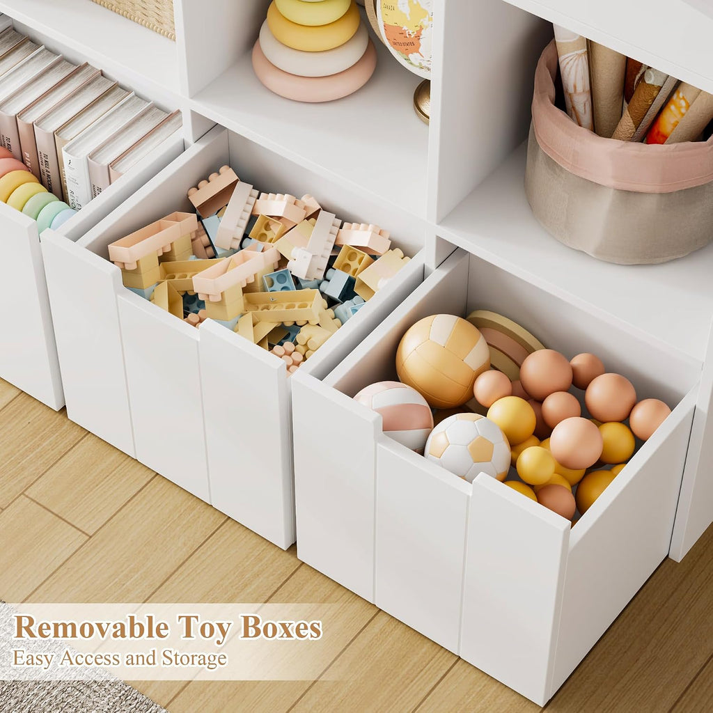 Toy Storage Organizer w/Bookshelf & Stuffed Animal Organizer, White | Large Toy Organizer with 3 Movable Storage