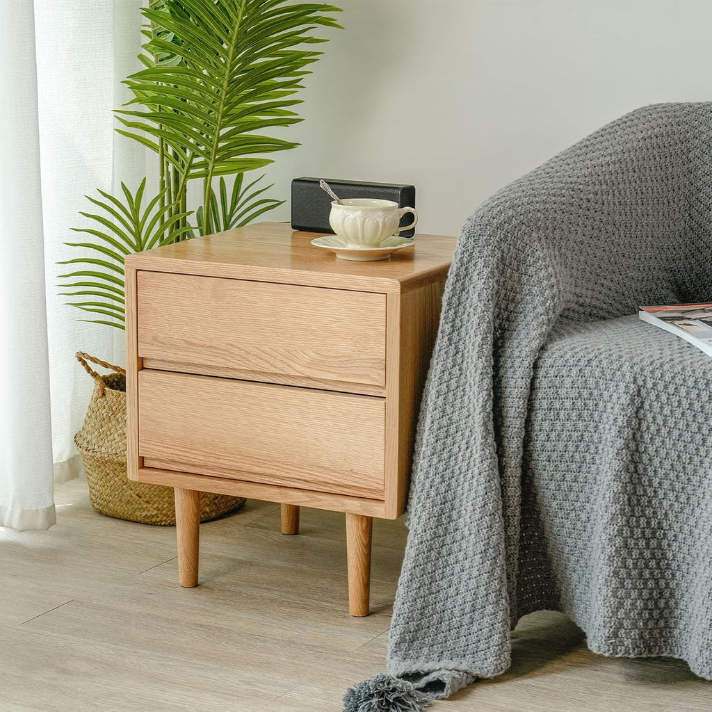 Night Stand, Mid Century Modern Nightstand w/2 Drawers, Boho Small Bedside Table, Oak Solid Wood, 17.72 W x 15.75 D x