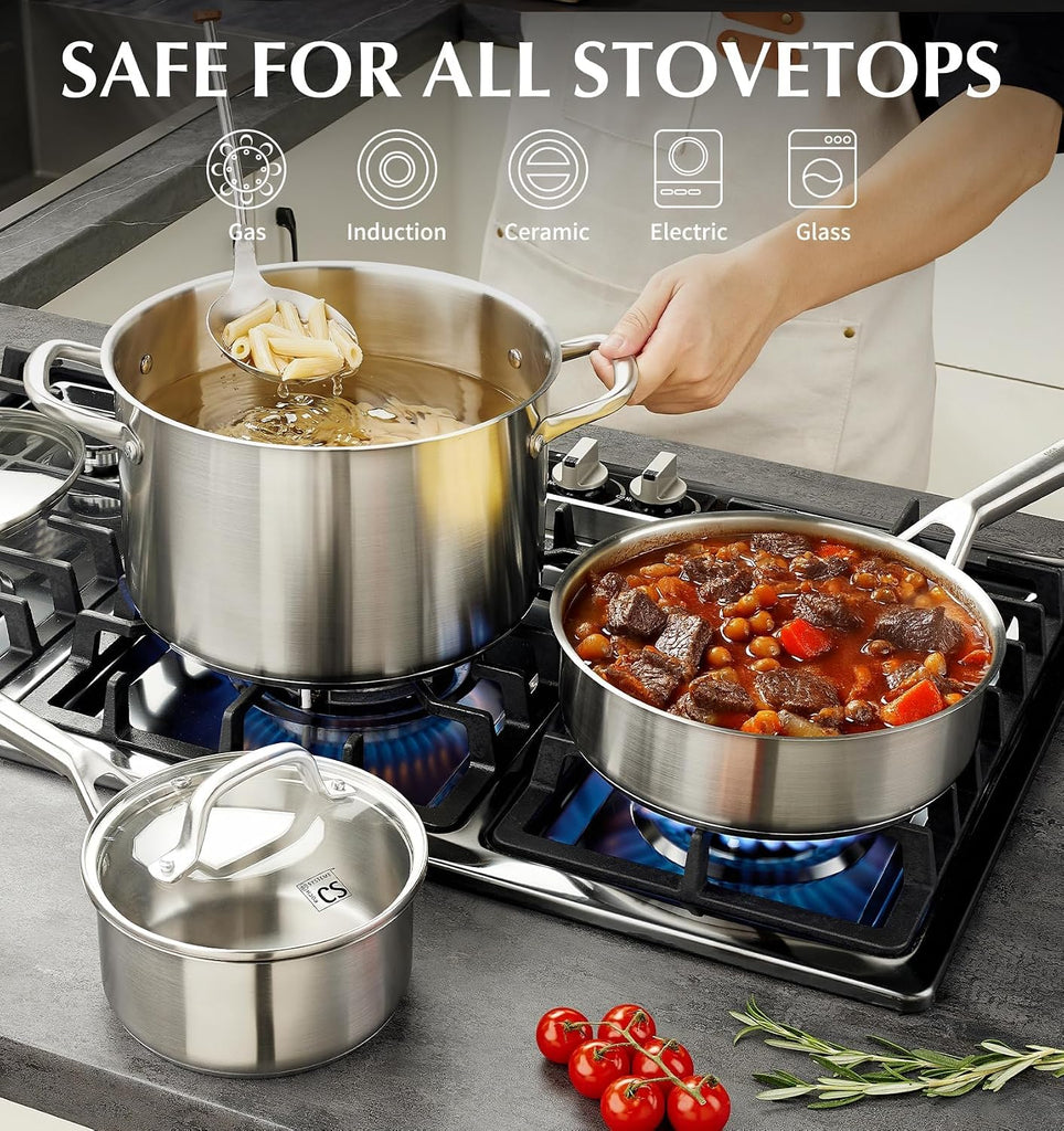 Stainless Steel Cookware Set 17 Piece with 5 Layer Base, Professional 18/10 Stainless Steel Pots and Pans Set, Oven