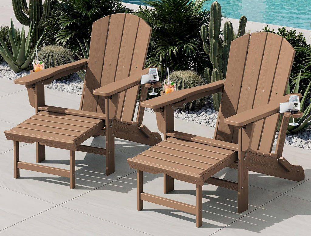 Folding Adjustable Adirondack Chair with Ottoman & 2 Cup Holders Set of 2, HDPE Adirondack Recliner Chair with