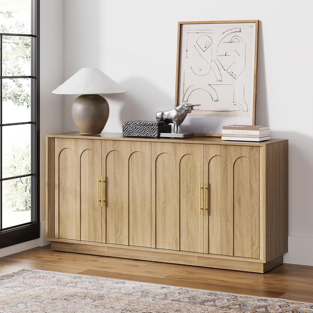 67" Sideboard Buffet Cabinet with Storage, Arched Doors, Oak | Modern Minimalist Accent Cabinet with Wood Gain, Boho