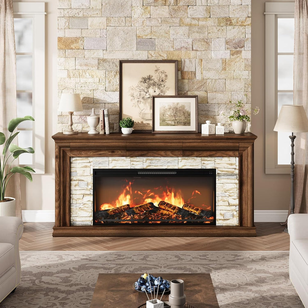 70" Fireplace TV Stand Up to 80" TVs, 42" Modern Electric Fireplace with Mantel