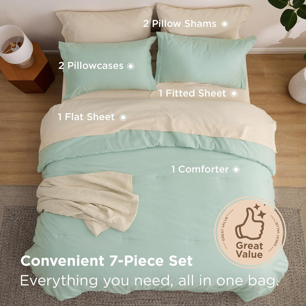 Comforter Set - 7 Pieces Sage Green Bedding Set for All Seasons