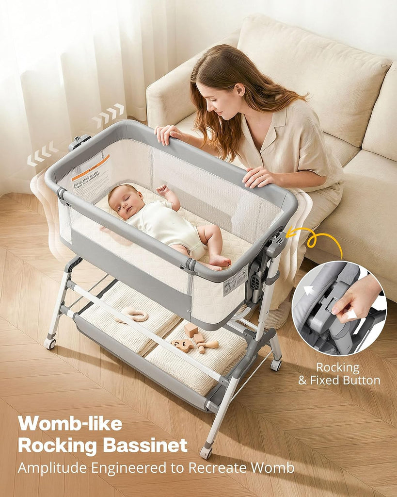 3 in 1 Baby Bassinet Bedside Sleeper, Adjustable Bedside Bassinet for Baby, Womb-Like Rocking Bassinet with Wheels