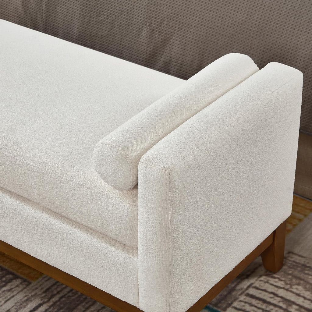 Large 51" L Boucle Bench Ottoman with 2 Bolster Pillows & Solid Wood Frame, Upholstered End of Bed Daybed Seating