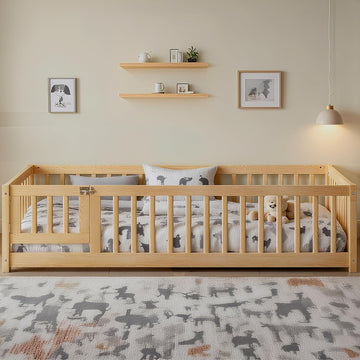 Montessori Twin Floor Bed Frame with Fence and Removable Door, Low Profile Twin Size Montessori Bed Frame for Kids