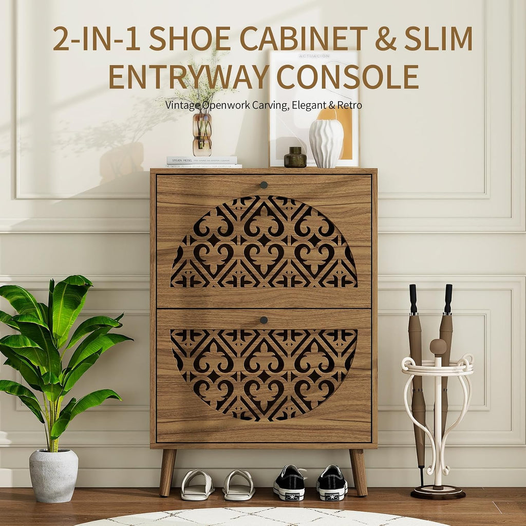 23.6" W Slim Shoe Cabinet with 2 Flip Drawers, Carved Floral Shoe Rack, Mid-Century Modern Free-Standing Heart-Shaped