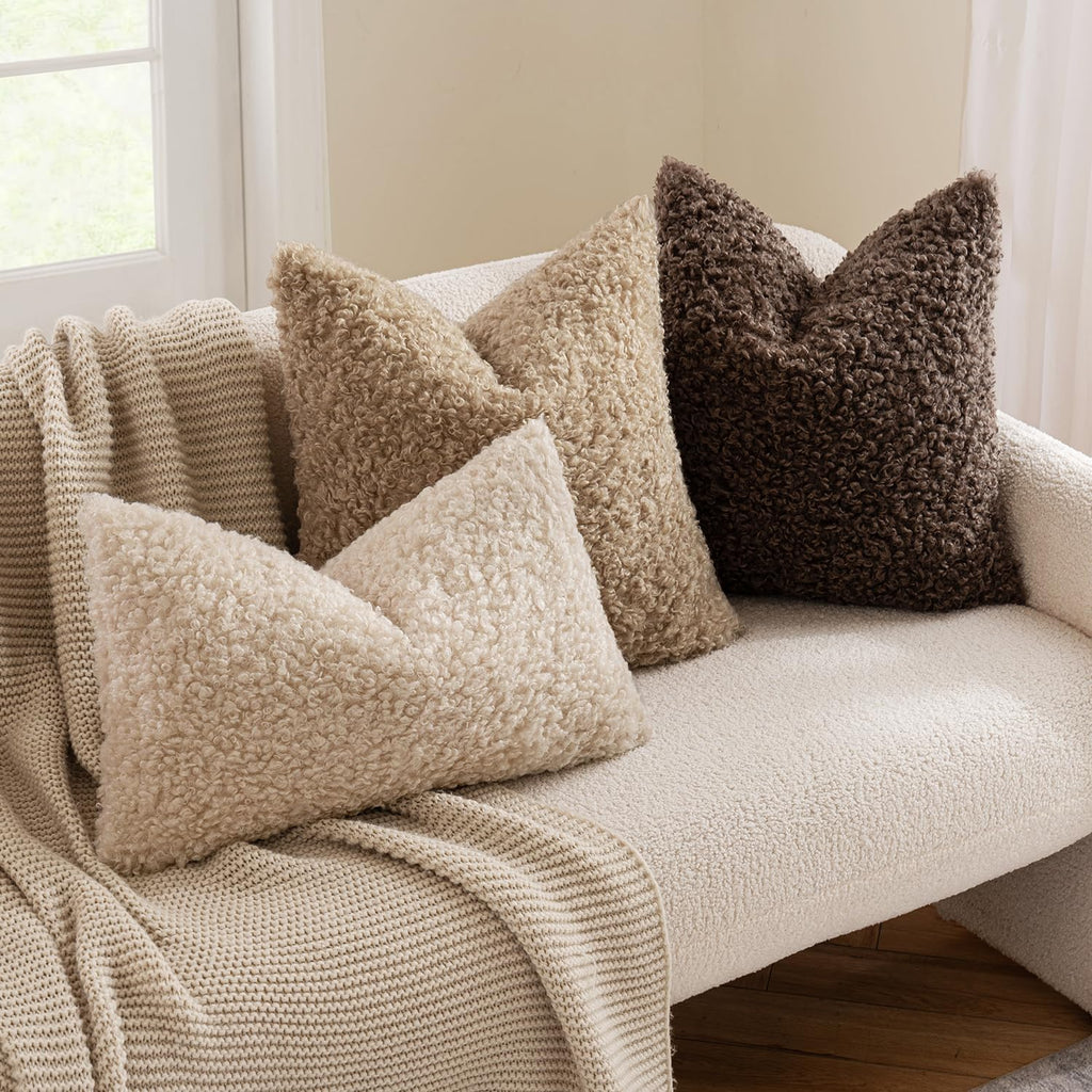 Pack of 2 Faux Fur Chocolate Throw Pillow Covers 18x18 Inch Boucle Decorative Pillow Covers Fuzzy Accent Soft