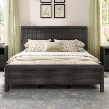 Wood King Size Bed Frame with Fluted Headboard & Footboard, Black