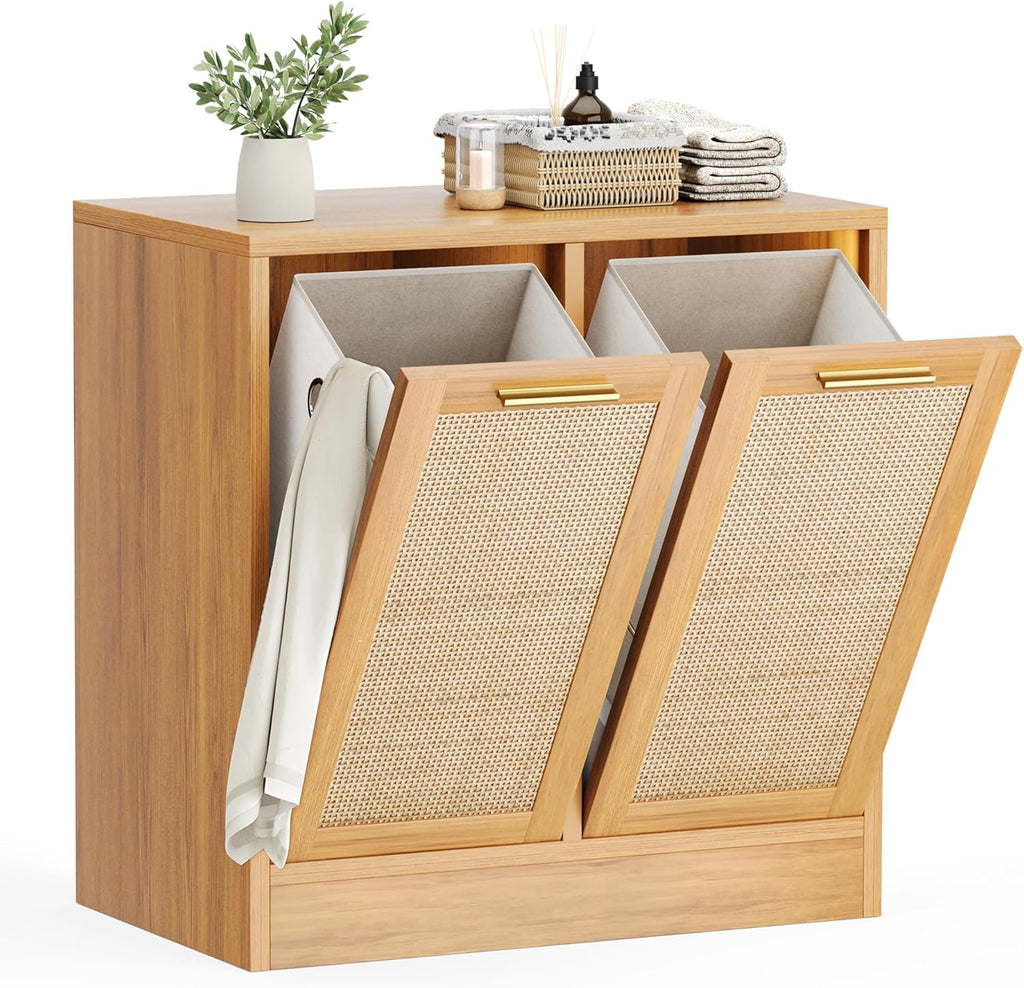 Laundry Cabinet, Bathroom Cabinet with with Breathable Real Rattan Design, Clothes Storge Basket with 2 Removable