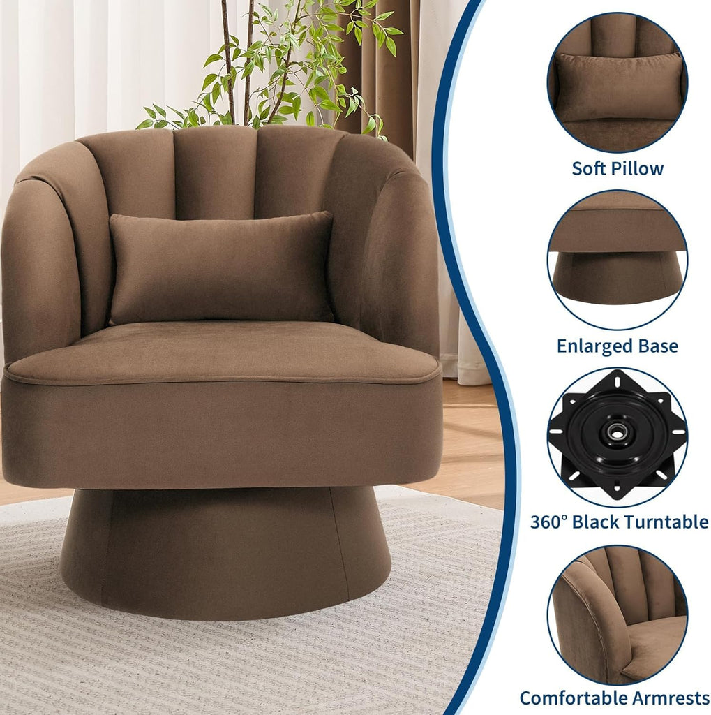 Swivel Accent Chair with Armrests, 360° Mid Century Modern Swivel Barrel Chair, Modern Cozy Velvet Armchair , Brown