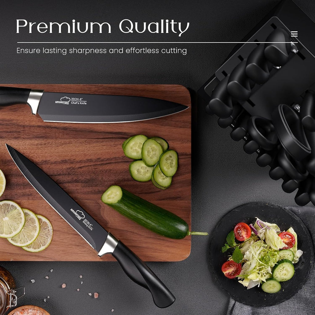 Knife Set, 21 Pieces Kitchen Knife Set with Block and Sharpener, Ultra-Sharp Knives Set with Ergonomic Handles, Black