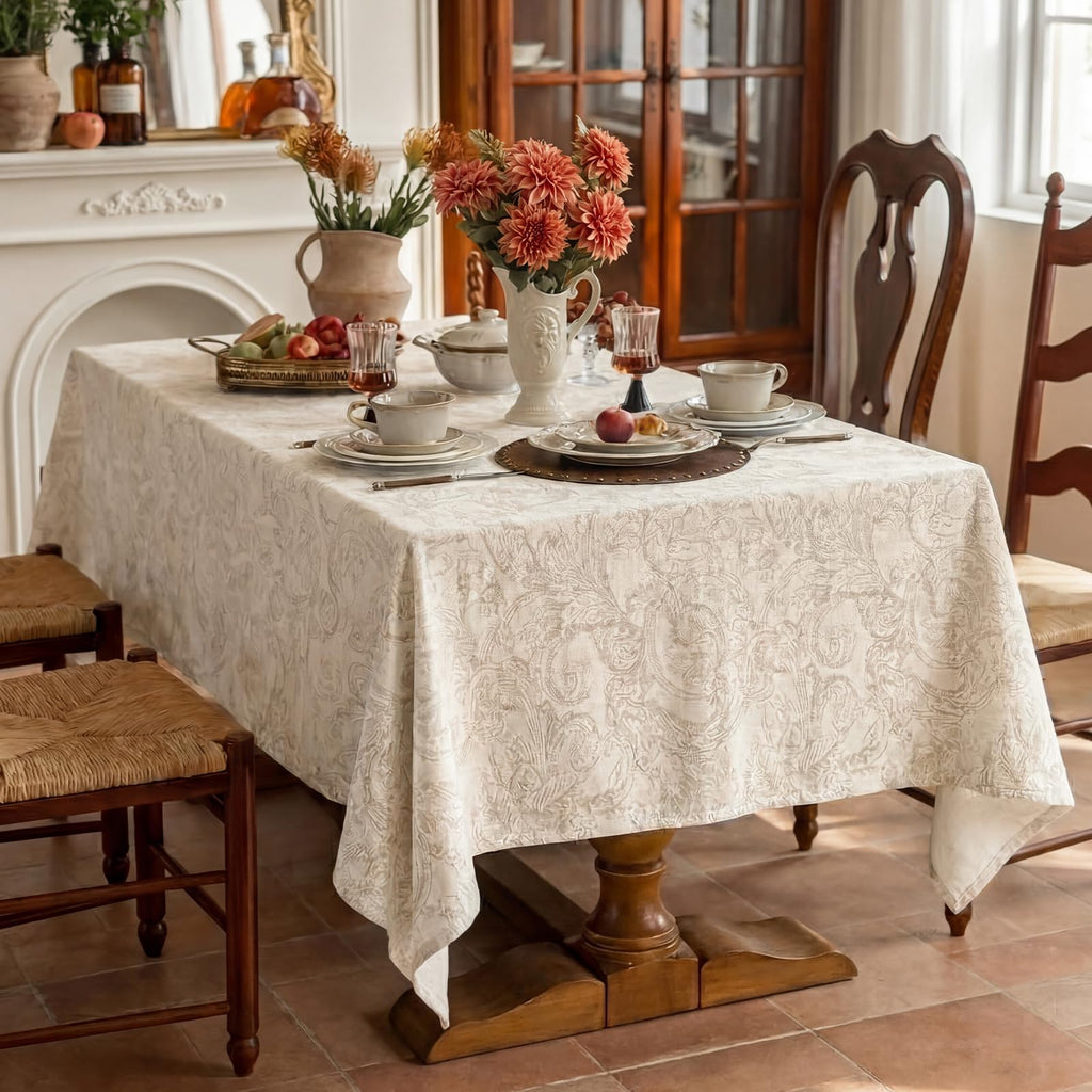Rectangular Beige Tablecloth 60x108 Inch, Cotton Polyester Thick Washable Fabric Table Cloth, Jacquard Modern