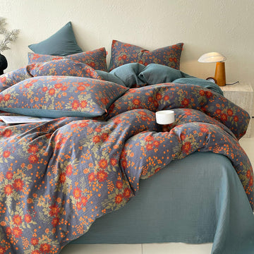 Vintage Garden Floral Duvet Cover Twin Soft 100% Muslin Cotton Jacquard Texture Bedding Set Chic Vibrant Floral