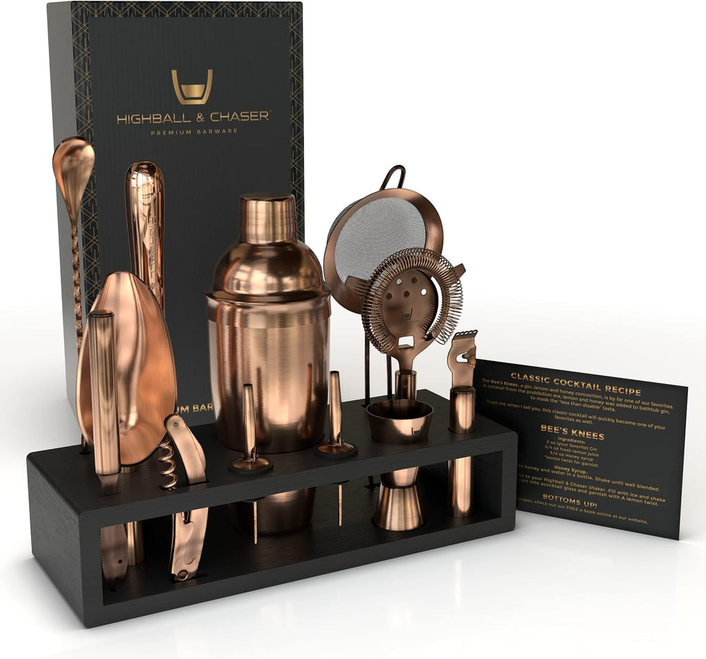 Bartender Kit with Espresso Bamboo Stand. Beautiful Cobbler Cocktail Shaker Set with Bar Tools Rustproof Stainless - Set of 13