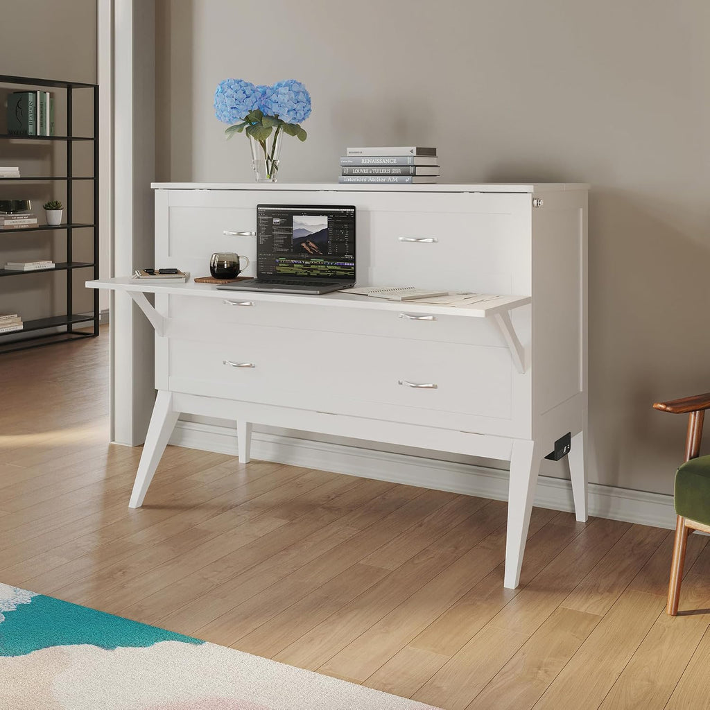 Full Murphy Bed Desk with Memory Foam 6" Mattress and Built-in USB Charger, White