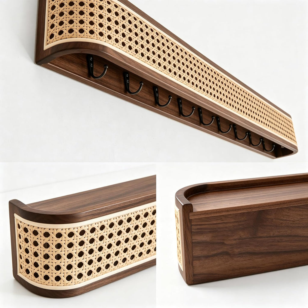 Solid North American Black Walnut Wall Coat Rack with Shelf | Modern wooden entryway wall mount coat rack with rattan