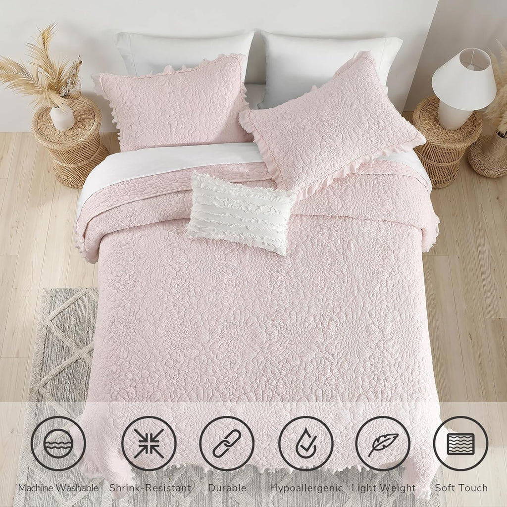 Pink Ruffled Quilt Twin, Stone-Washed Microfiber Lightweight Crinkled Farmhouse Rustic Shabby Chic Bedding Set, 2 - Set of 2