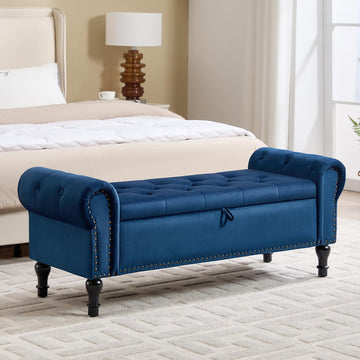 Storage Bench , 51" Upholstered End of Bed Bench, Velvet Queen Size Benches with Rolled Arms, Tufted Button Storage