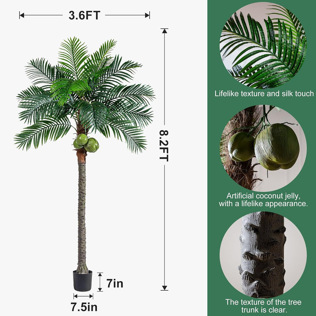 Artificial Phoenix Palm Tree 8.2ft Tall - Fake Large Tropical Tree with Adjustable Leaves, Realistic Faux Sago Palm