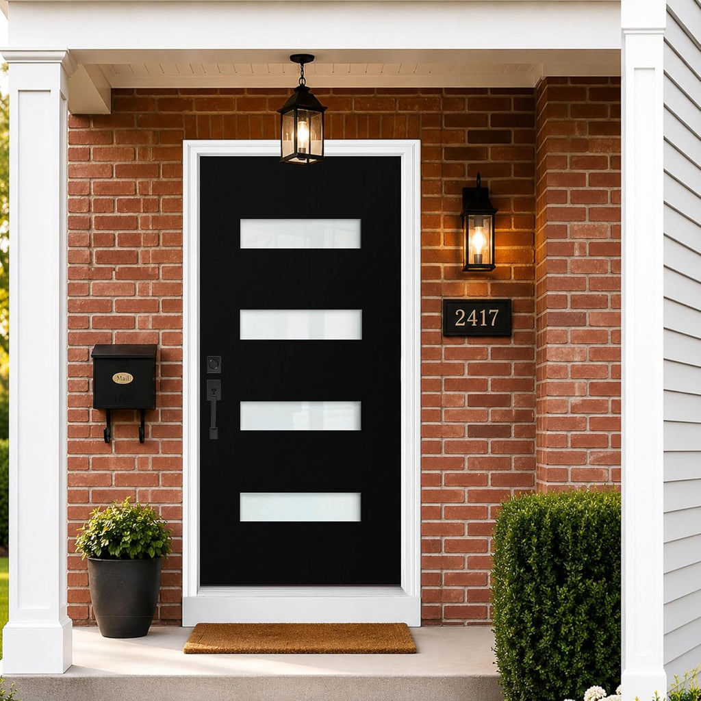 36 x 80 Fiberglass Entry Door with Brickmould, Frosted Glass, Black Finished Knock-Down Fiberglass Door - Contemporary