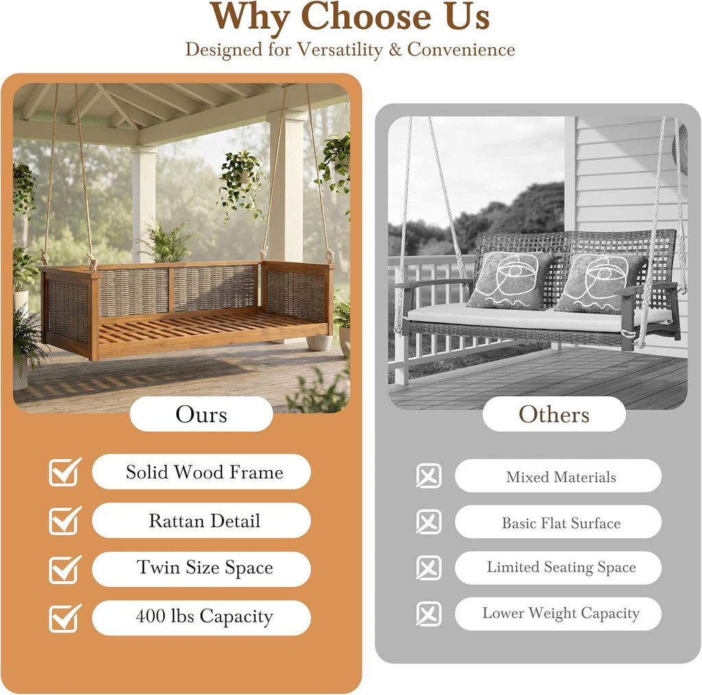 Twin Size Outdoor Porch Swing Bed, Solid Wood Rattan Swing Daybed Frame with Long Ropes , Poolside, Backyard, Teak