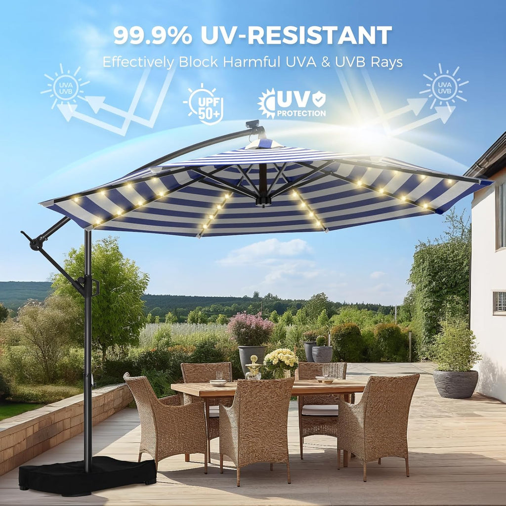 10ft Solar LED Cantilever Patio Umbrella with Base Included, Premium 220GSM Solution-Dyed Fabric