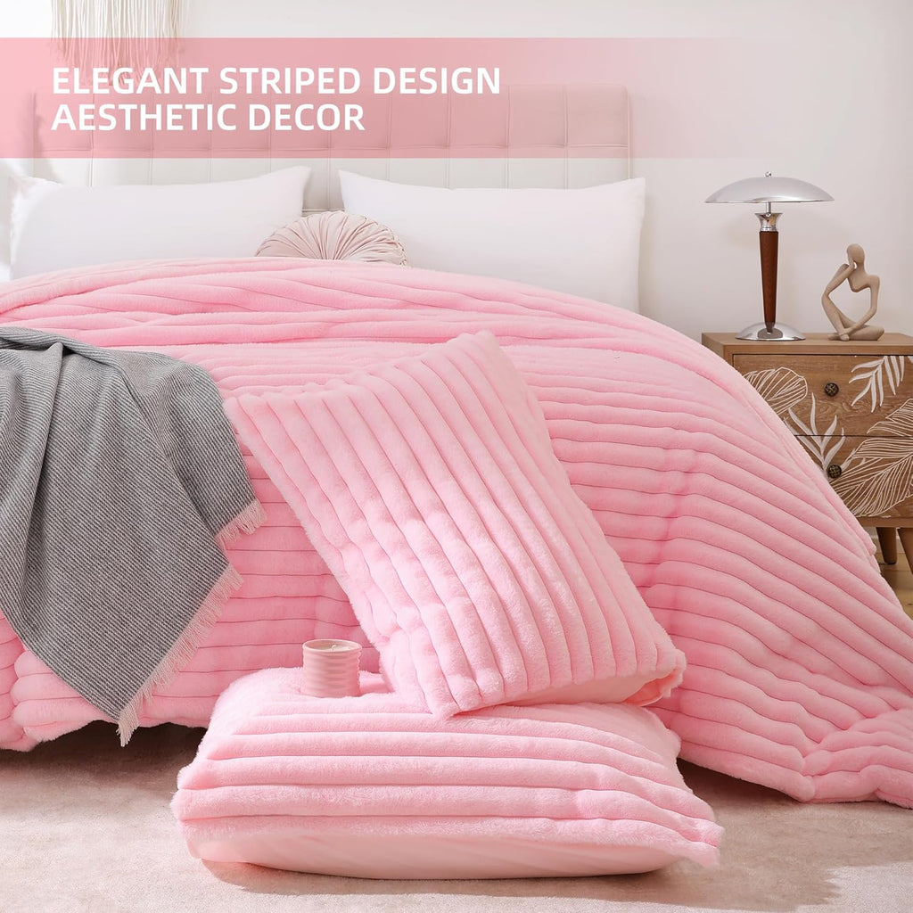 Fluffy Queen Comforter Set 3 Pieces - Pink Fleece Fluffy Comforter Set, Luxury Fuzzy Queen Bedding Set