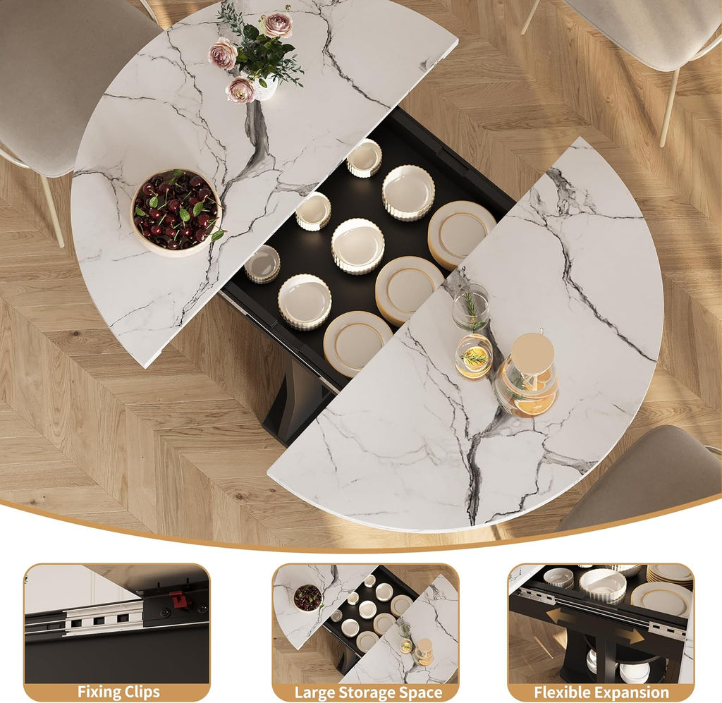 Extendable Dining Table 43"-59" for 4-6, Marble Round Kitchen Dining Room Table with 2 Tier Storage Shelves