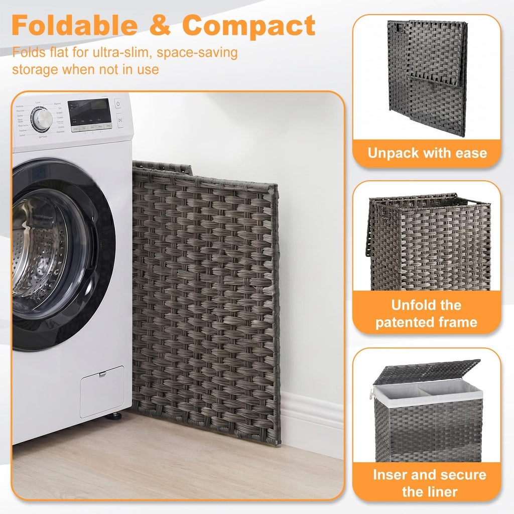Handwoven Laundry Hamper with Lid, 110L Foldable Rattan Clothes Basket with 2 Removable Liners & 6 Mesh Laundry Bags