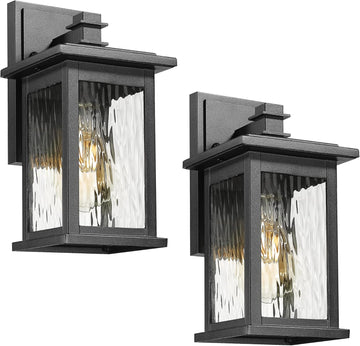 2-Pack Farmhouse Outdoor Wall Lights, 12 Inch Exterior Lights Fixture for House, Black Finish with Water Ripple Glass
