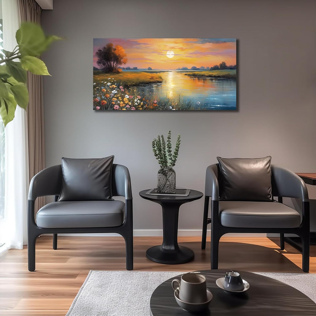 Orange Yellow Sunset Lake Landscape Canvas Wall Art with Vibrant Colorful Wildflowers & Distant Mountain, Serene