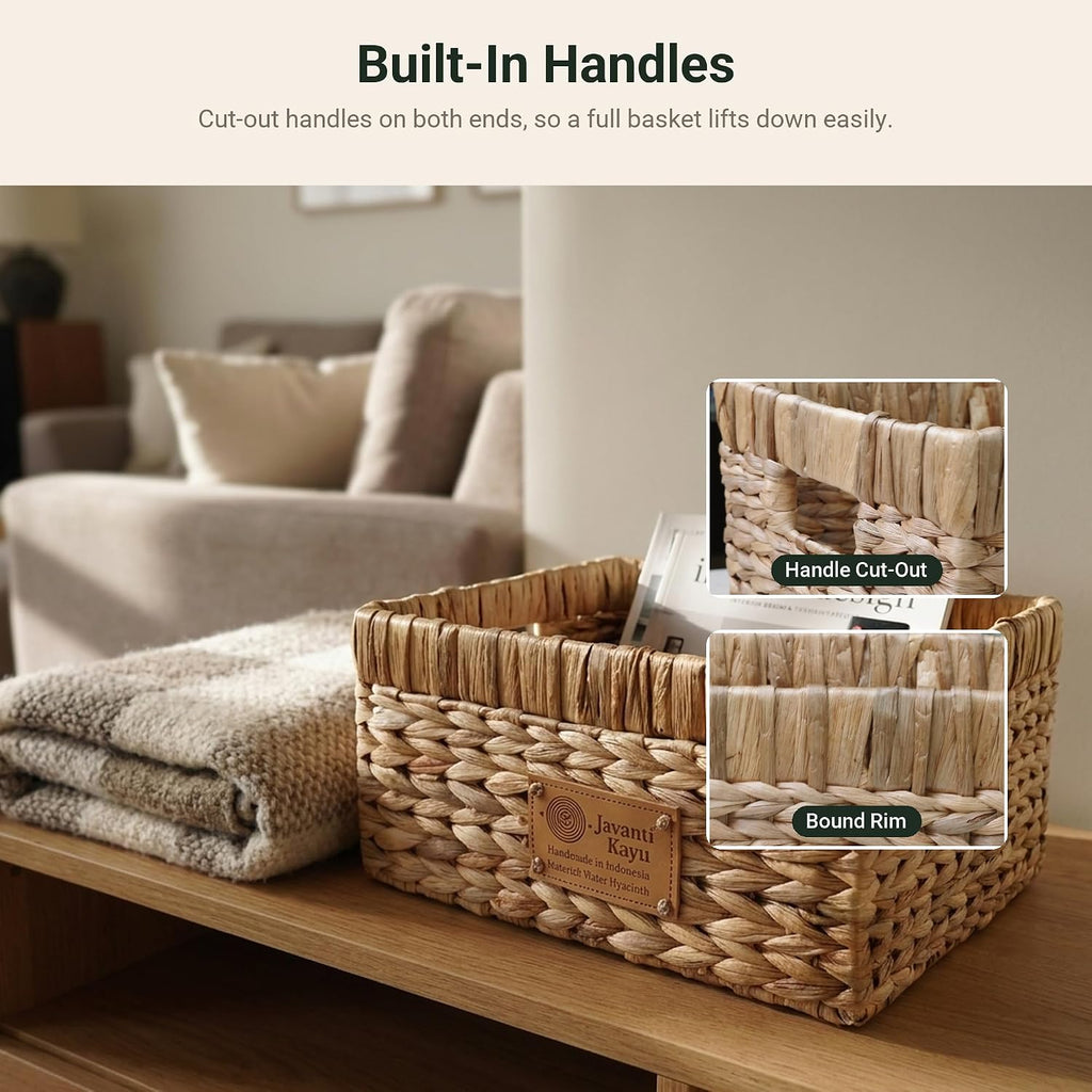 Handmade Water Hyacinth Wicker Storage Basket with Handles - Rectangle Organizer Bin for Shelves, Blanket, Bathroom