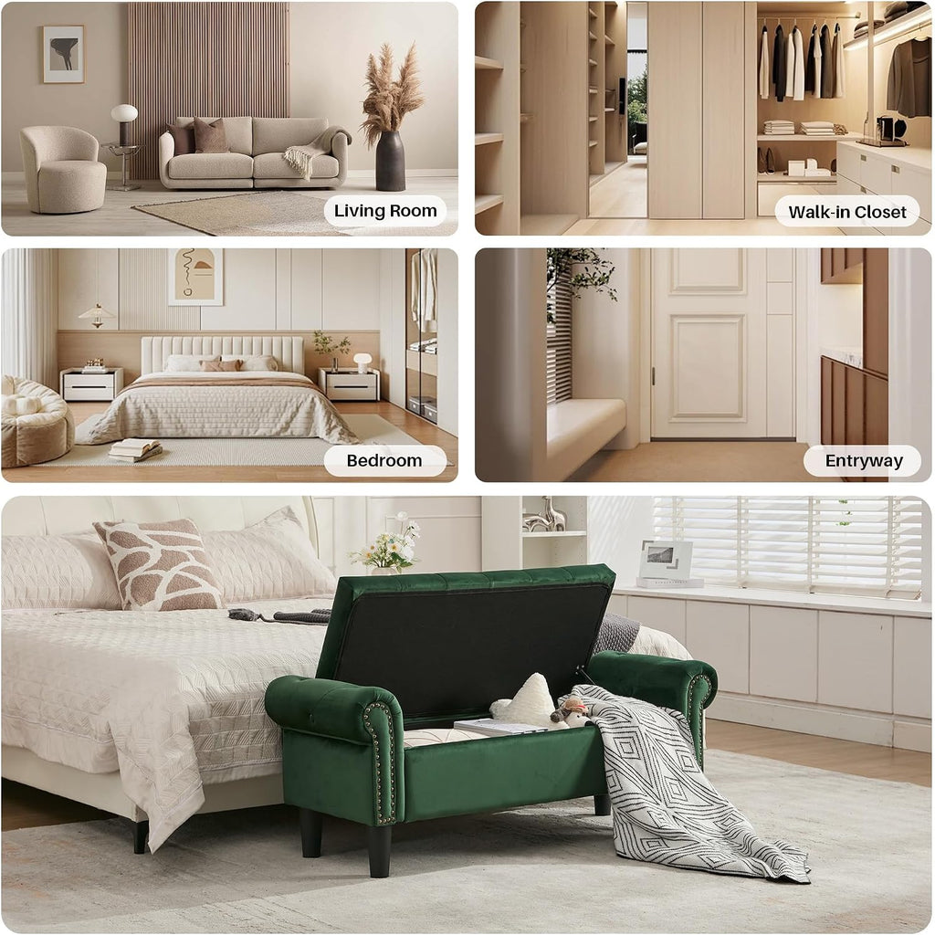50" Storage Bench , Velvet Upholstered, Green | End of Bedroom Bed Bench Ottoman with Tufted Cushioned Rolled Arm