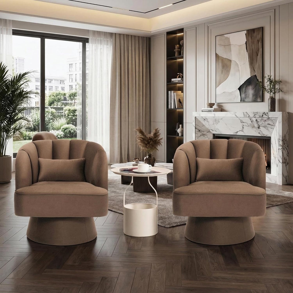 Swivel Accent Chair with Armrests, 360° Mid Century Modern Swivel Barrel Chair, Modern Cozy Velvet Armchair , Brown