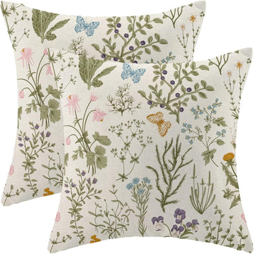 Spring Pillow Covers 18x18 Inch Set of 2,Sage Green Wild Flower Plant Throw Pillows Case,Seasonal Floral Outdoor