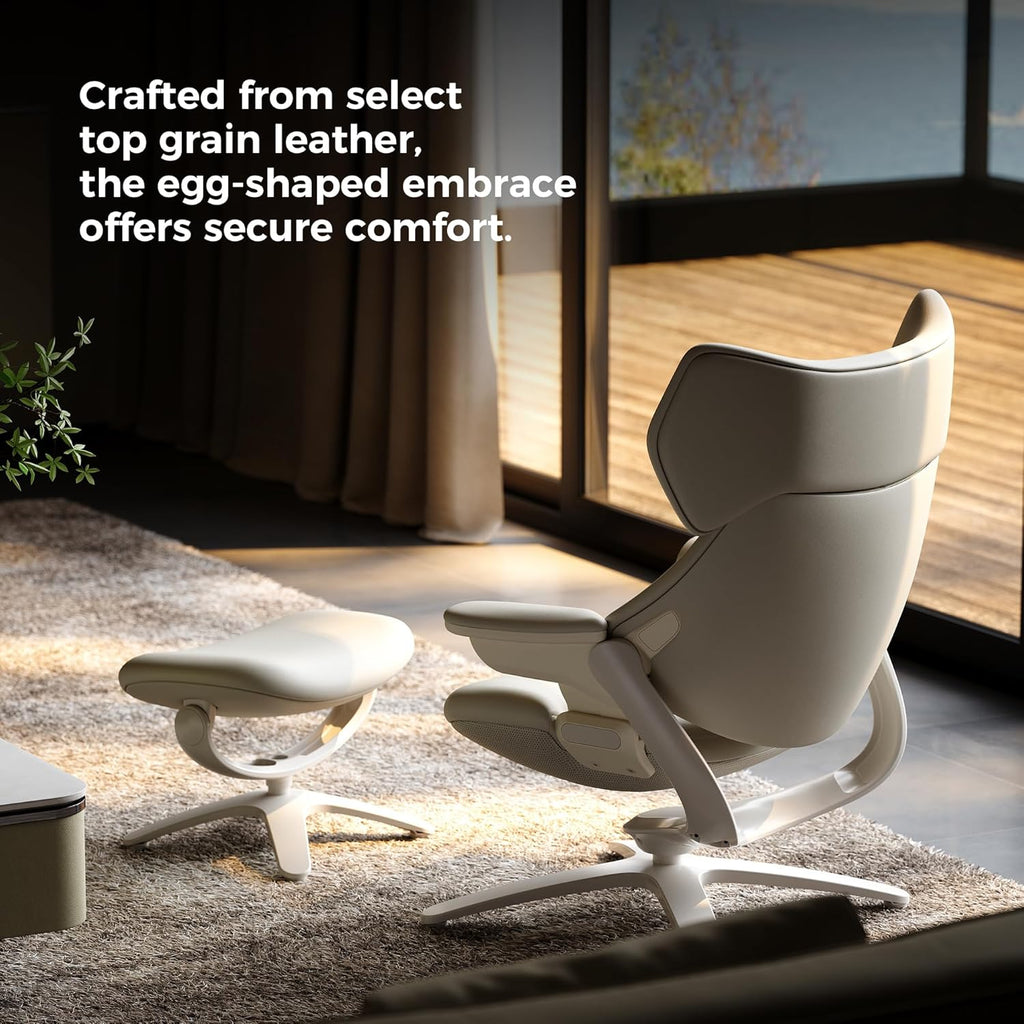 Modern Reclining Swivel Lounge Chair and Ottoman — White Genuine Leather