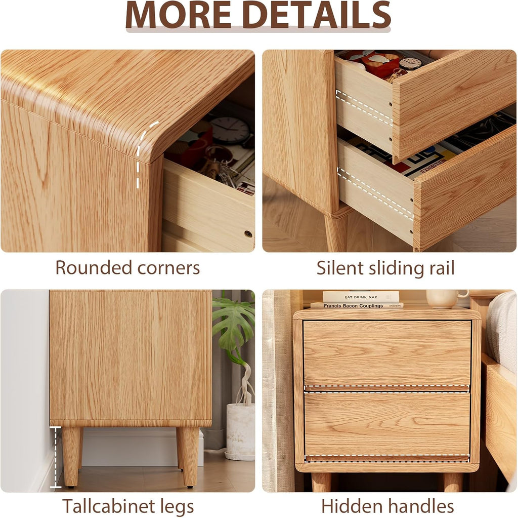 Solid Wood Nightstand Natural Night Stand with Drawers Mid Century Modern Nightstand with Storage,Wood Night