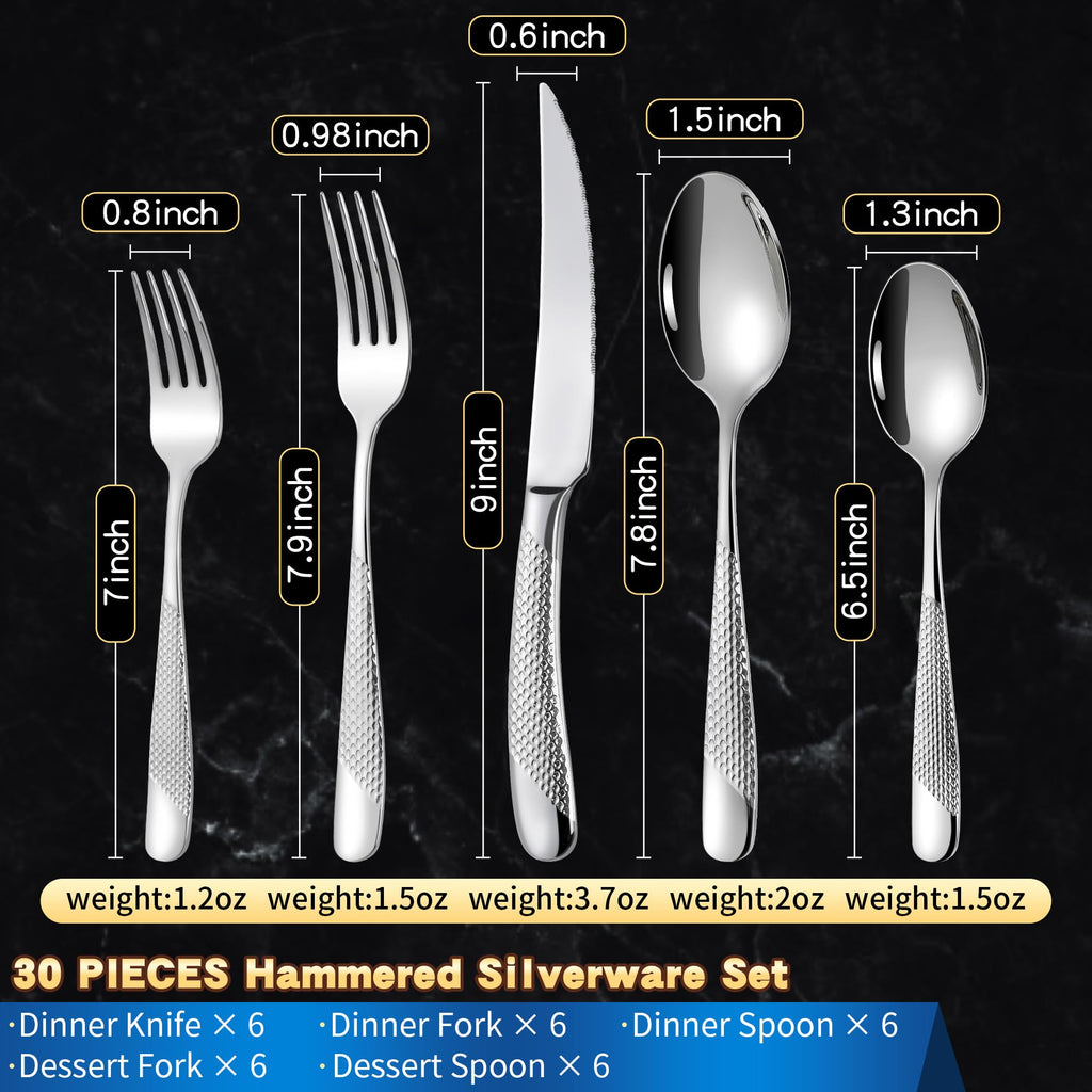 Hammered 30 Pieces Set Silverware Set for 6 with Serrated Forging Knives,18/10 Stainless Steel Modern Flatware