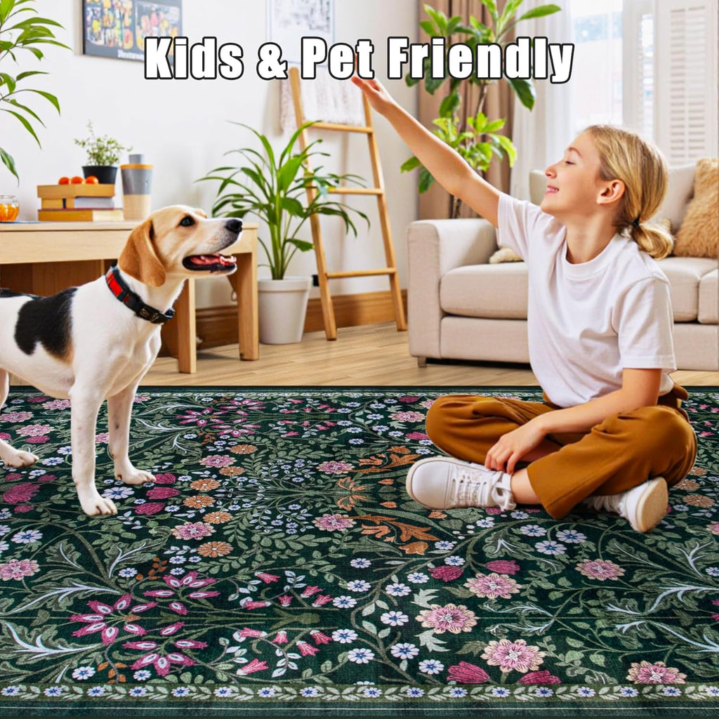 10x14 Area Rugs for Living Room: Floral Washable Rug Vintage Large Soft Boho Non-Slip Carpet Stain R