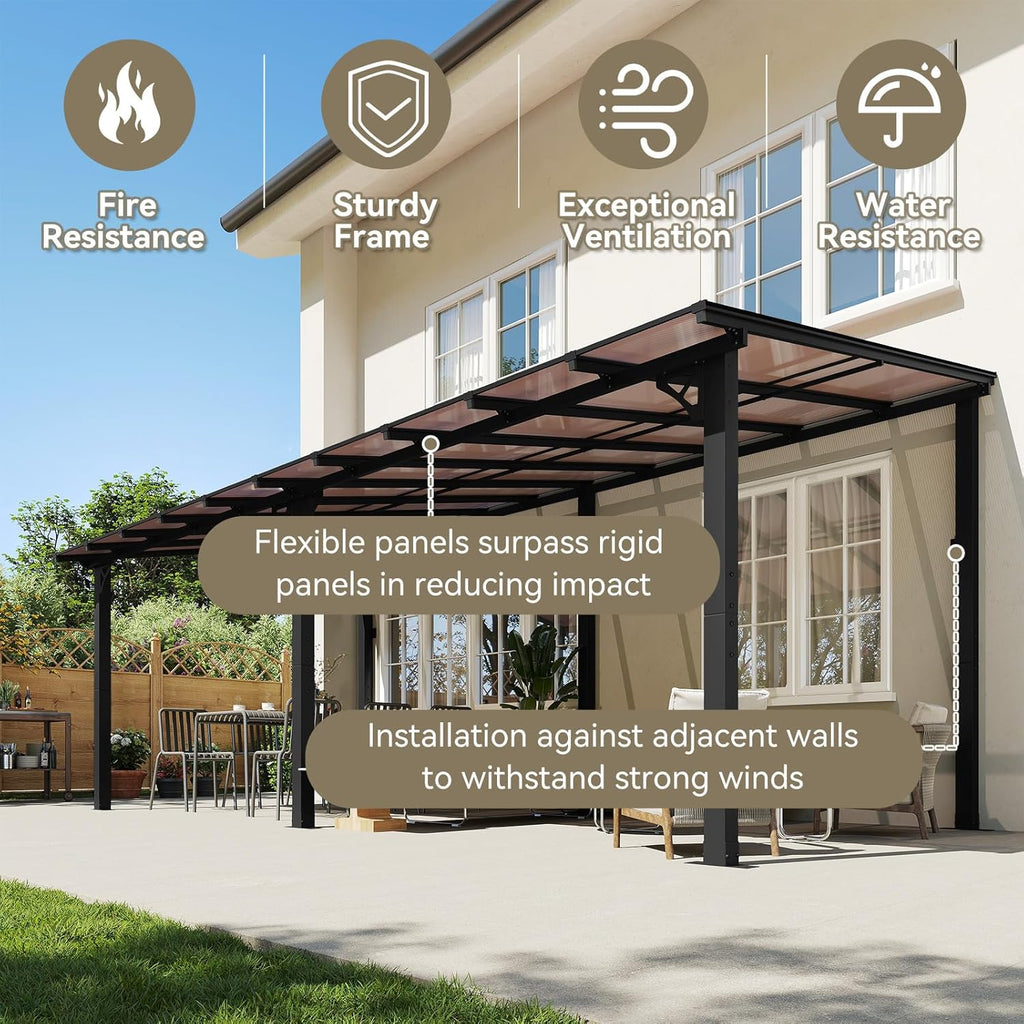 20' x 10' Gazebo Gazebo Pergola with Sloped Roof, Large Wall-Mounted Heavy Duty Awnings (Black)