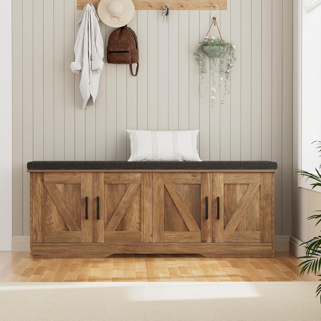 Farmhouse Shoe Storage Bench with 4 Barn Doors & Padded Seat Cushion | 47.2" Wide Entryway Bench with Adjustable