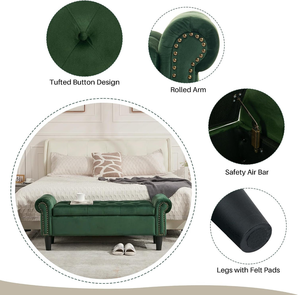 50" Storage Bench , Velvet Upholstered, Green | End of Bedroom Bed Bench Ottoman with Tufted Cushioned Rolled Arm