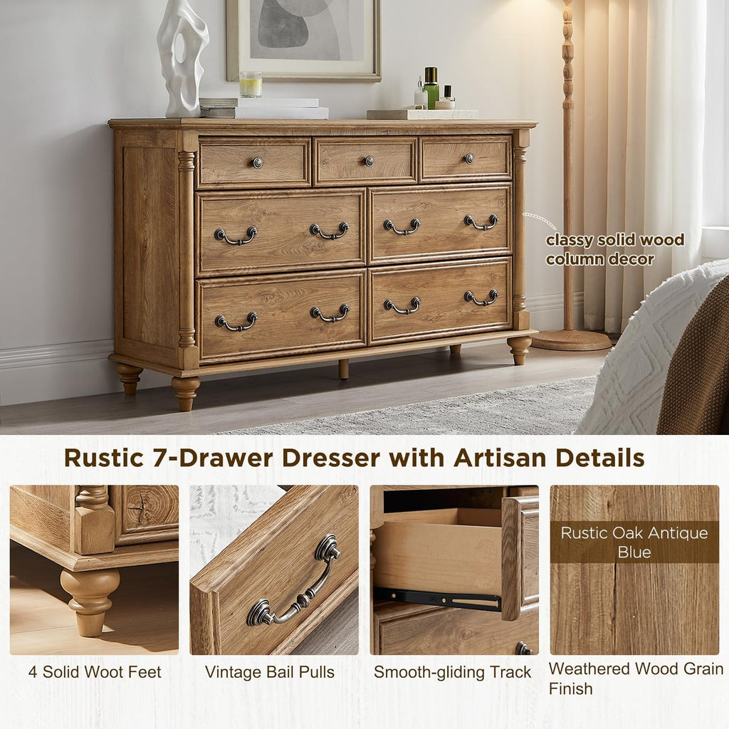 Farmhouse 7-Drawer Dresser with Solid Wood Feet, Light Tree Knot | 4 Solid Wood Feet, Decorative Solid Wood Column